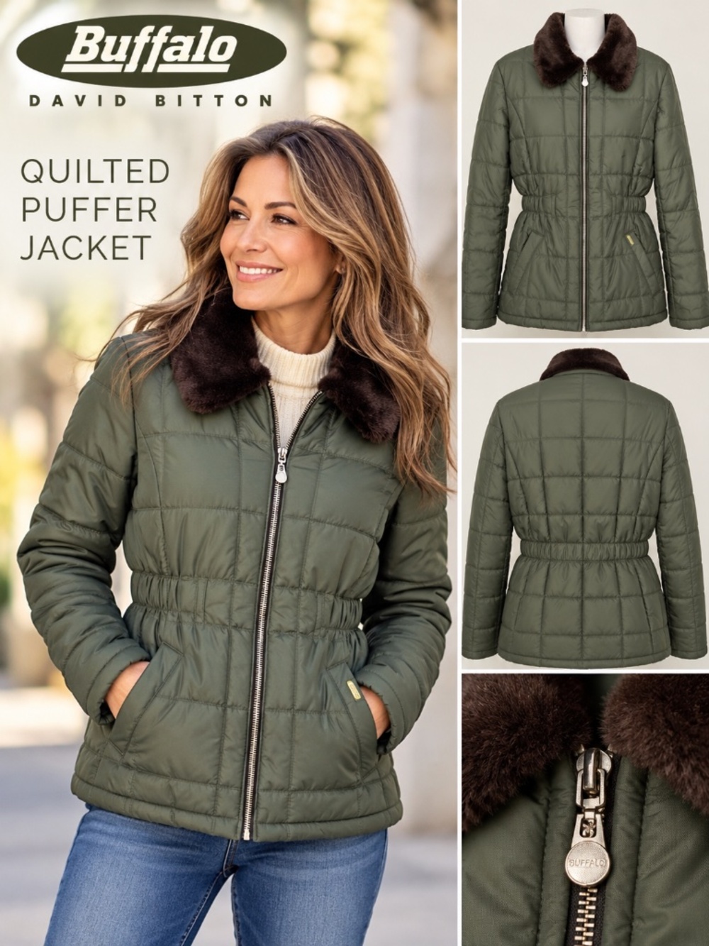 Buffalo David Bitton Olive Green Quilted Puffer Jacket Faux Fur Collar Size S